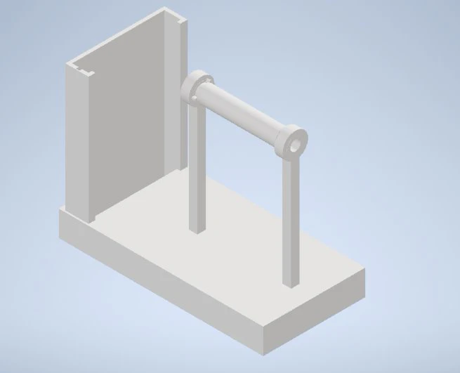 Grey CAD render of the sensor test rig: a baseplate with two uprights carrying a horizontal axle for the spinning magnet