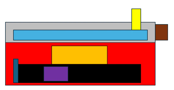 Block diagram of the avionics bay drawn as coloured rectangles for the lower and upper bay, Cube, Cube connector, power connection, BEC, receiver and Wi-Fi chip
