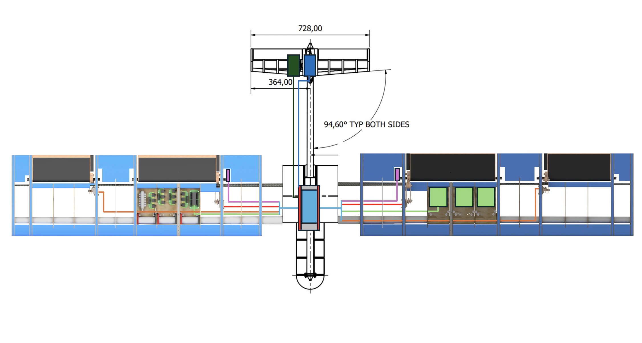 Engineering diagram of the whole aircraft avionics: both wings, fuselage spar and tail drawn in plan with every harness run coloured by function and dimensions of 728 and 364 millimetres called out