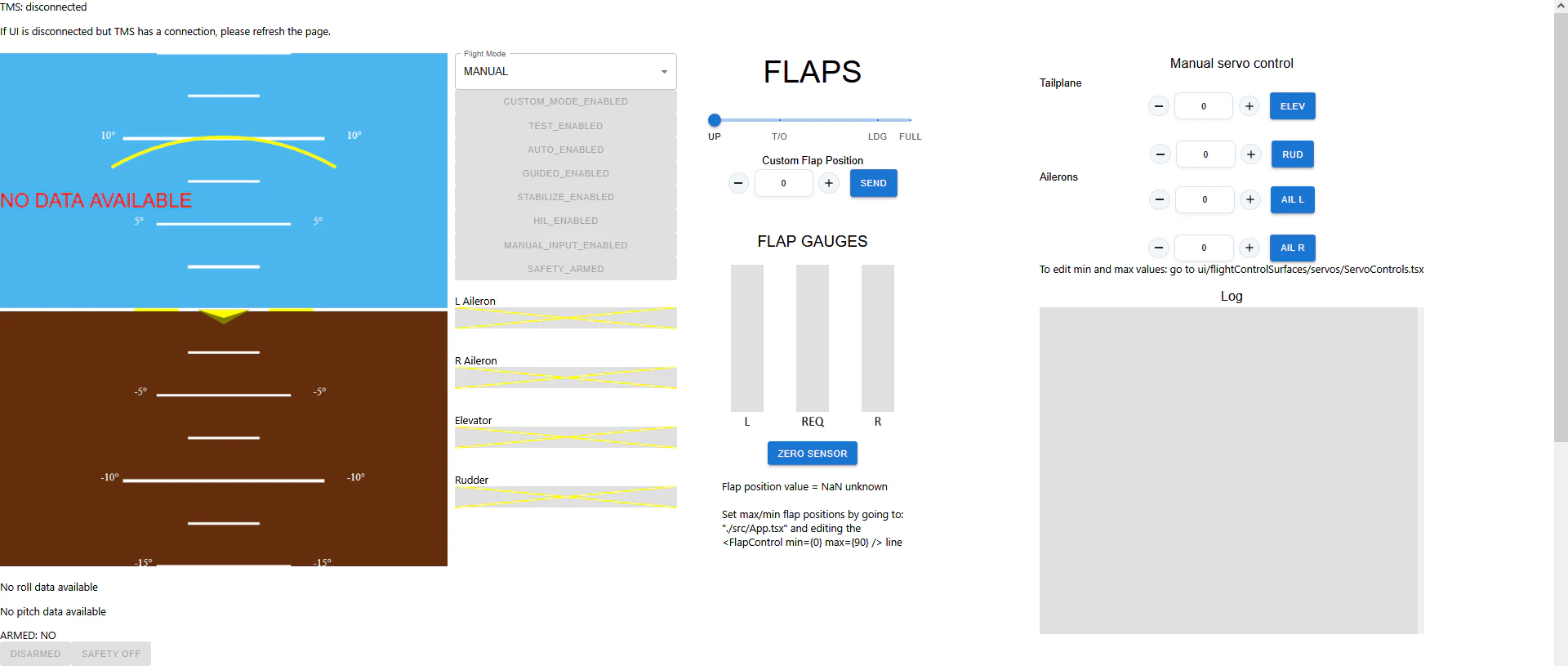 The ground station in a browser: artificial horizon and attitude panel at left, a FLAPS page with a custom flap position control and three flap gauges, manual servo controls for tailplane and ailerons at right, and a log panel
