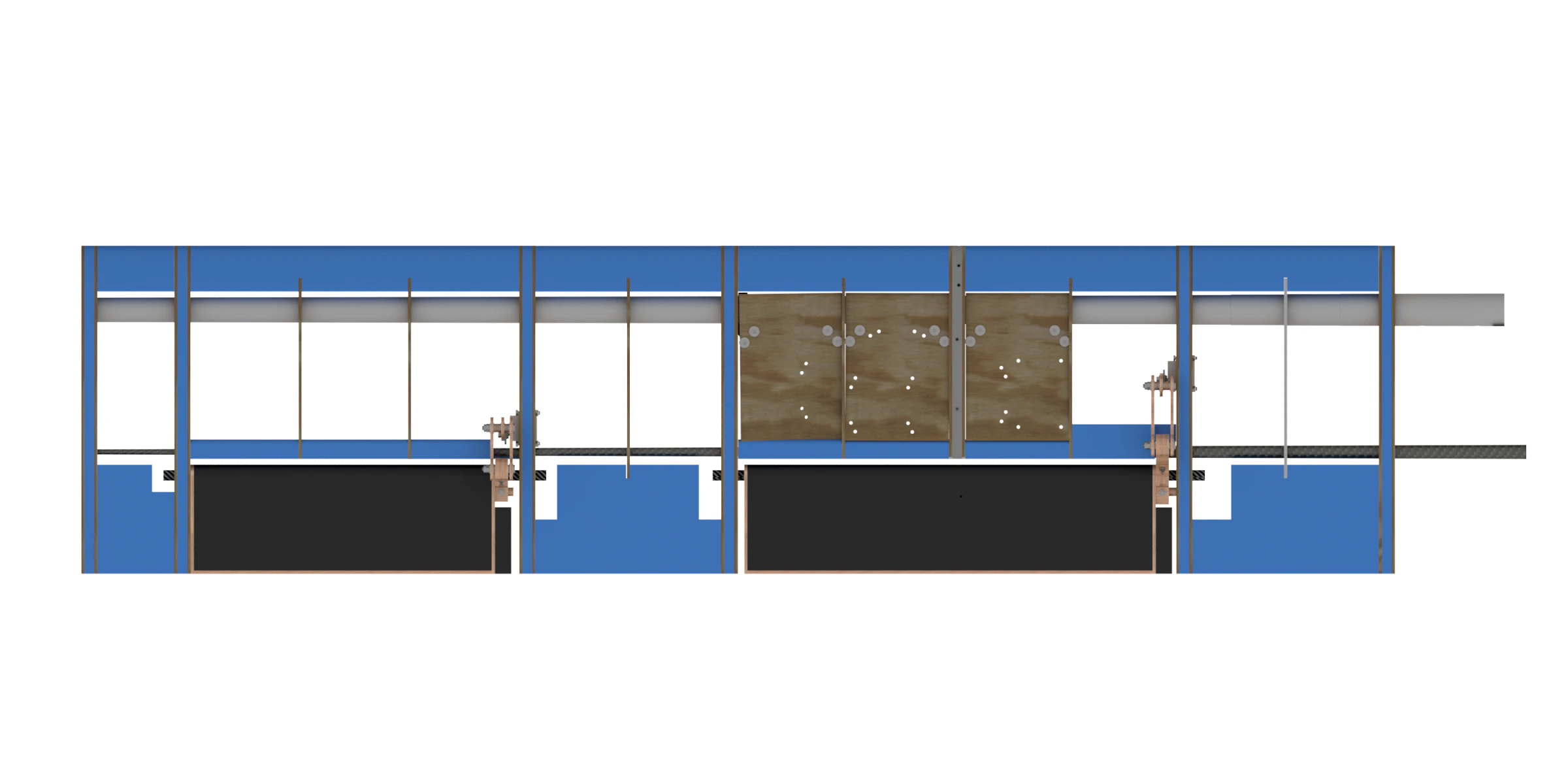 CAD render of a wing section cut away to show the pressure acquisition boards on their plywood floor panel, ribs, spars and the flap mechanism
