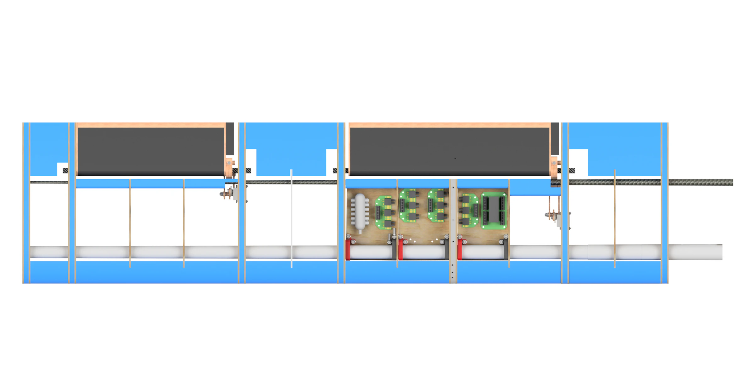 CAD render of a second wing section showing the green pressure sensor boards, manifold and harness routing between ribs