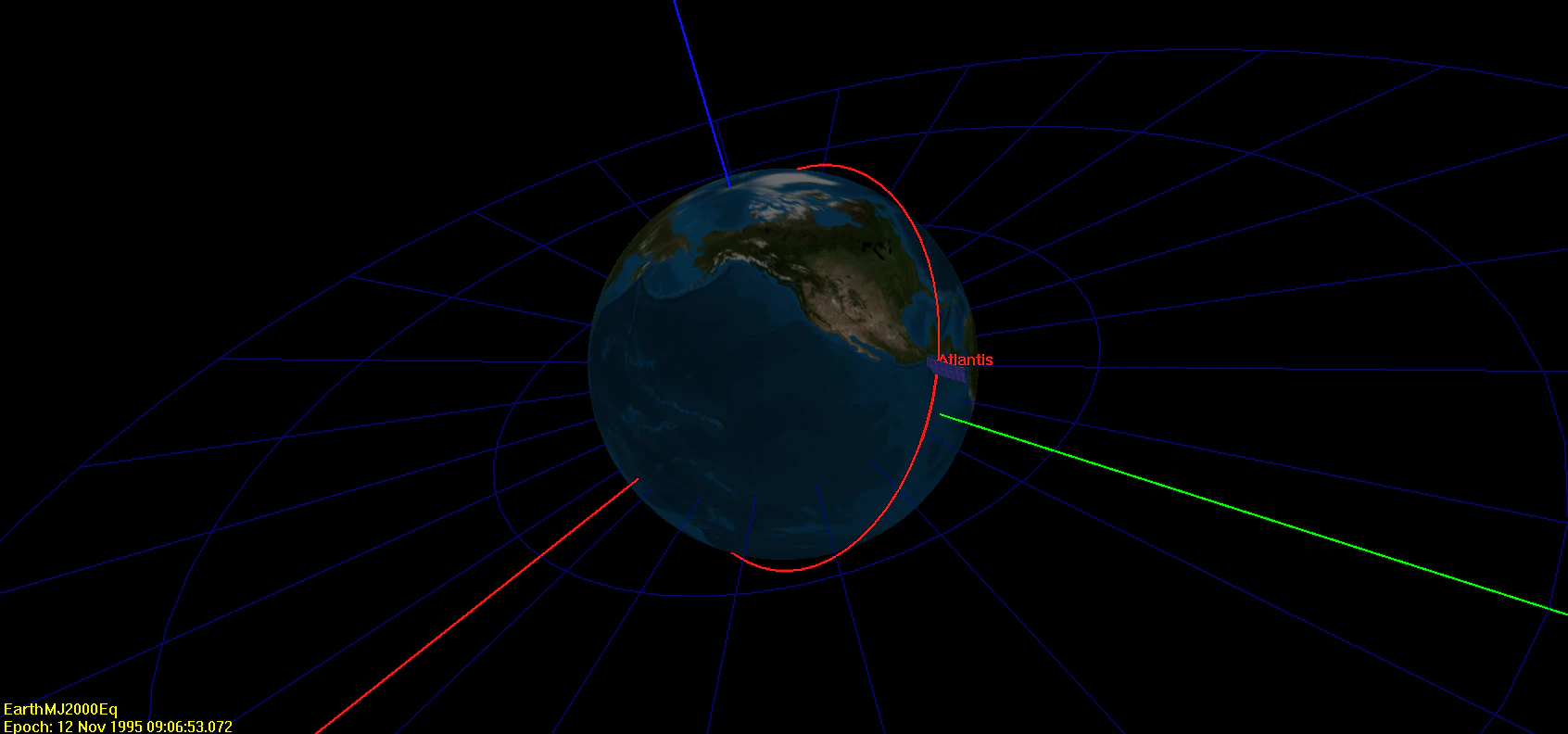 GMAT Earth-centred inertial view of Atlantis' orbit track drawn around a textured Earth on a black background