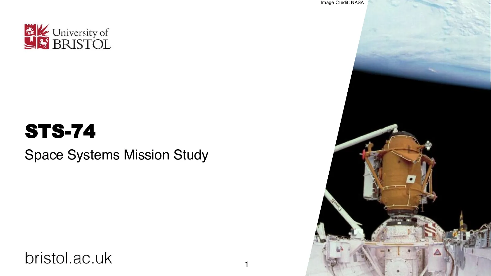 Title slide of the STS-74 mission study over the NASA photograph of the Docking Module in Atlantis' payload bay
