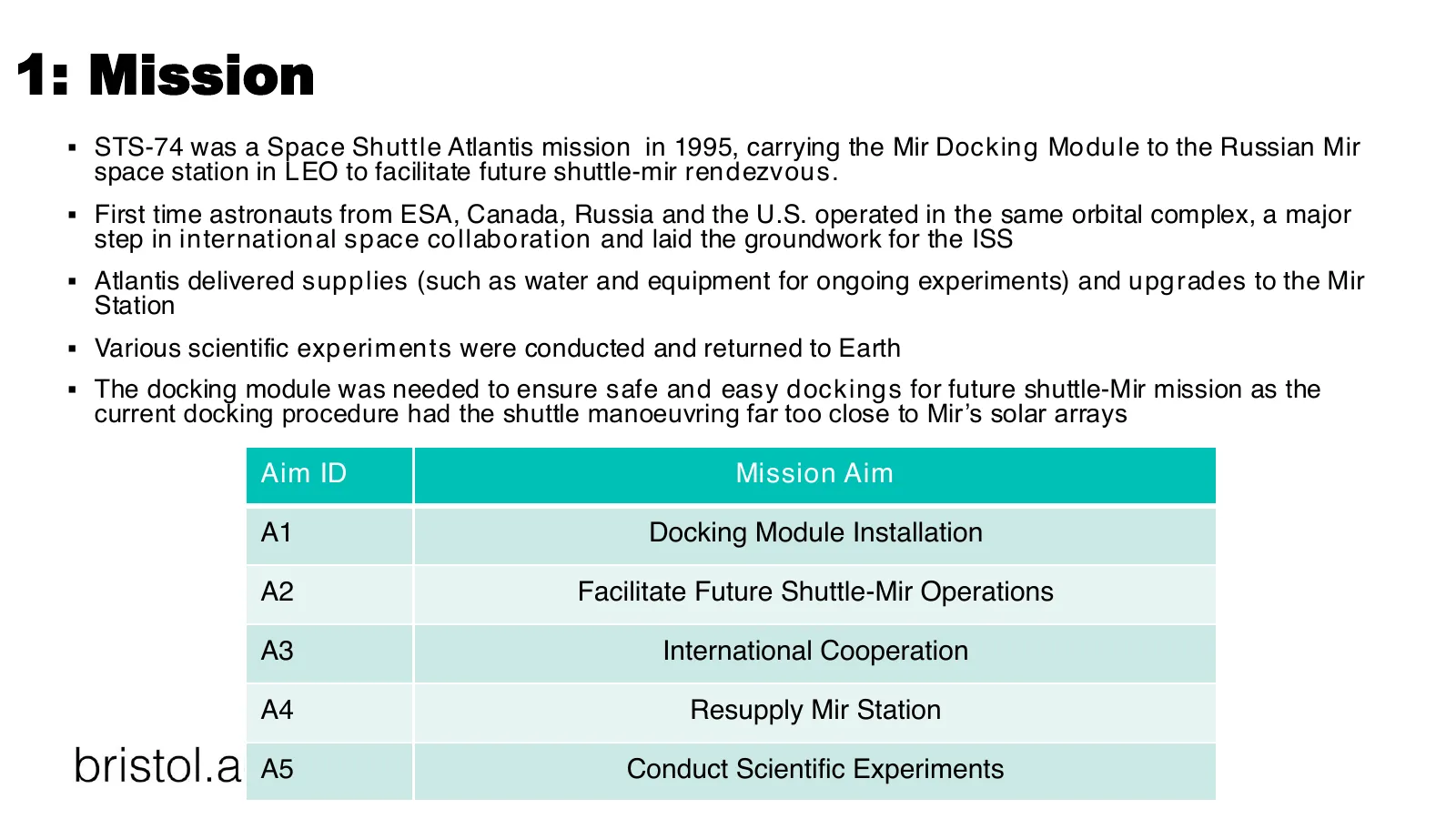 Mission summary slide listing the five mission aims A1 to A5