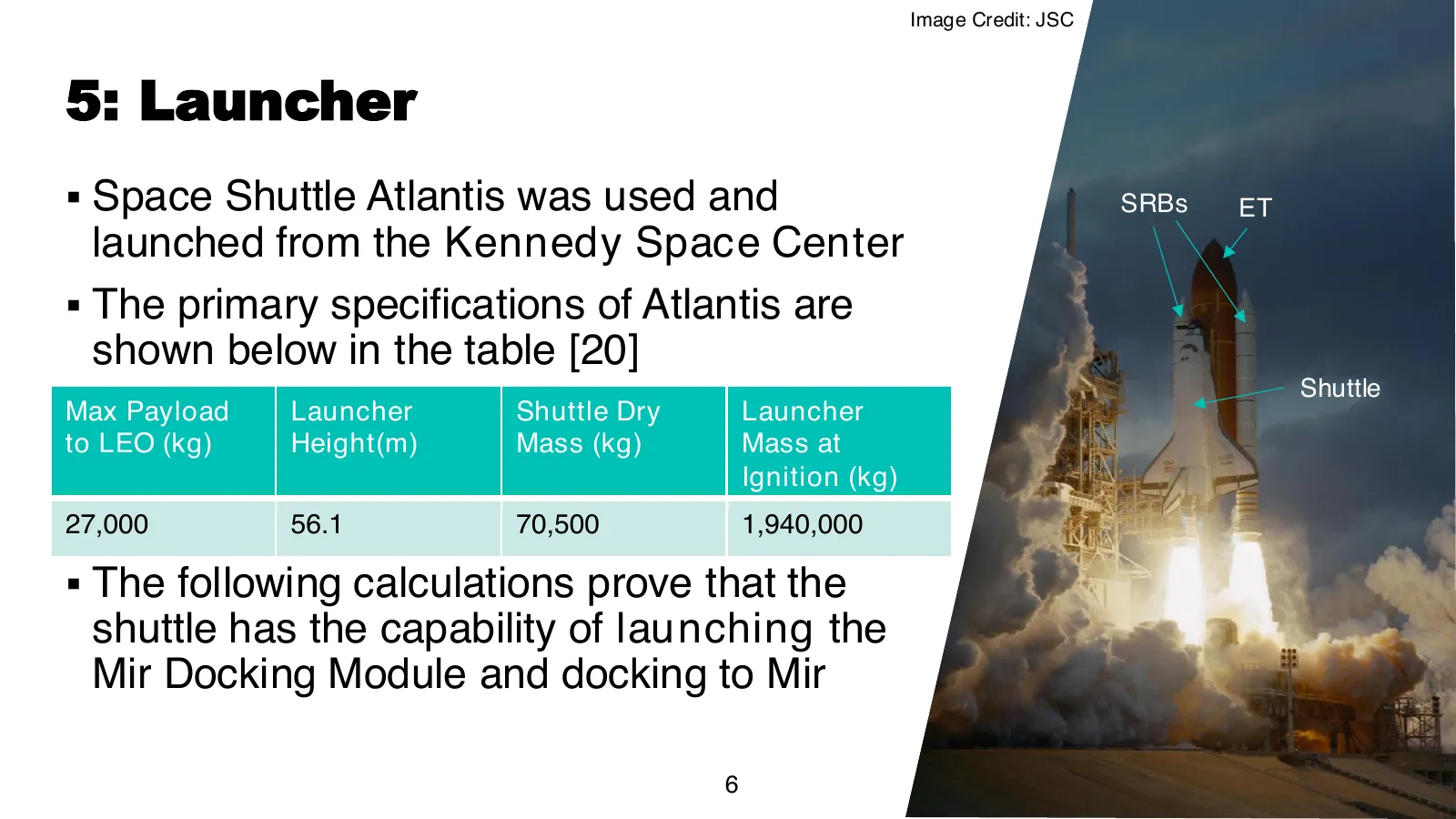 Launcher slide with the Atlantis specification table beside the JSC launch photograph