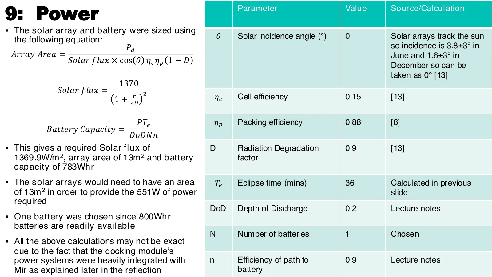 Power slide with the array area, solar flux and battery capacity equations beside the parameter table: 13 m² and 783 Wh